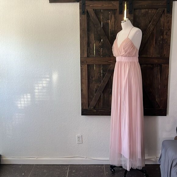 Tulle Pink Mesh Lace Dress, Elegant V-Neck Evening Dress, Autumn Winter Sexy - Picture 6 of 14